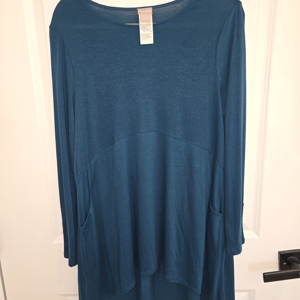 Chico's Deep Teal Tunic Top Size 1 Pockets And‎ Butyon Detail Cool CHIC US 8 M